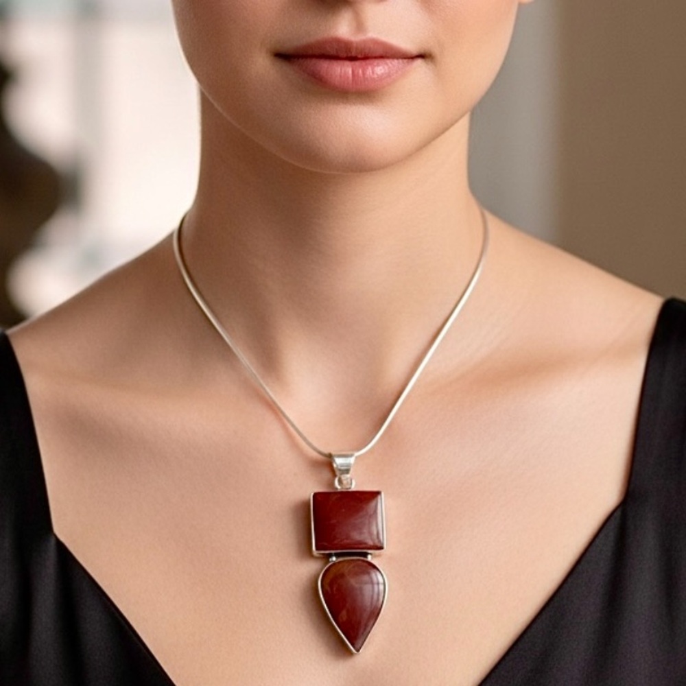 925 Silver Plated-Noreena Jasper Ethnic Long Gemstone Pendant Jewelry 2.5"